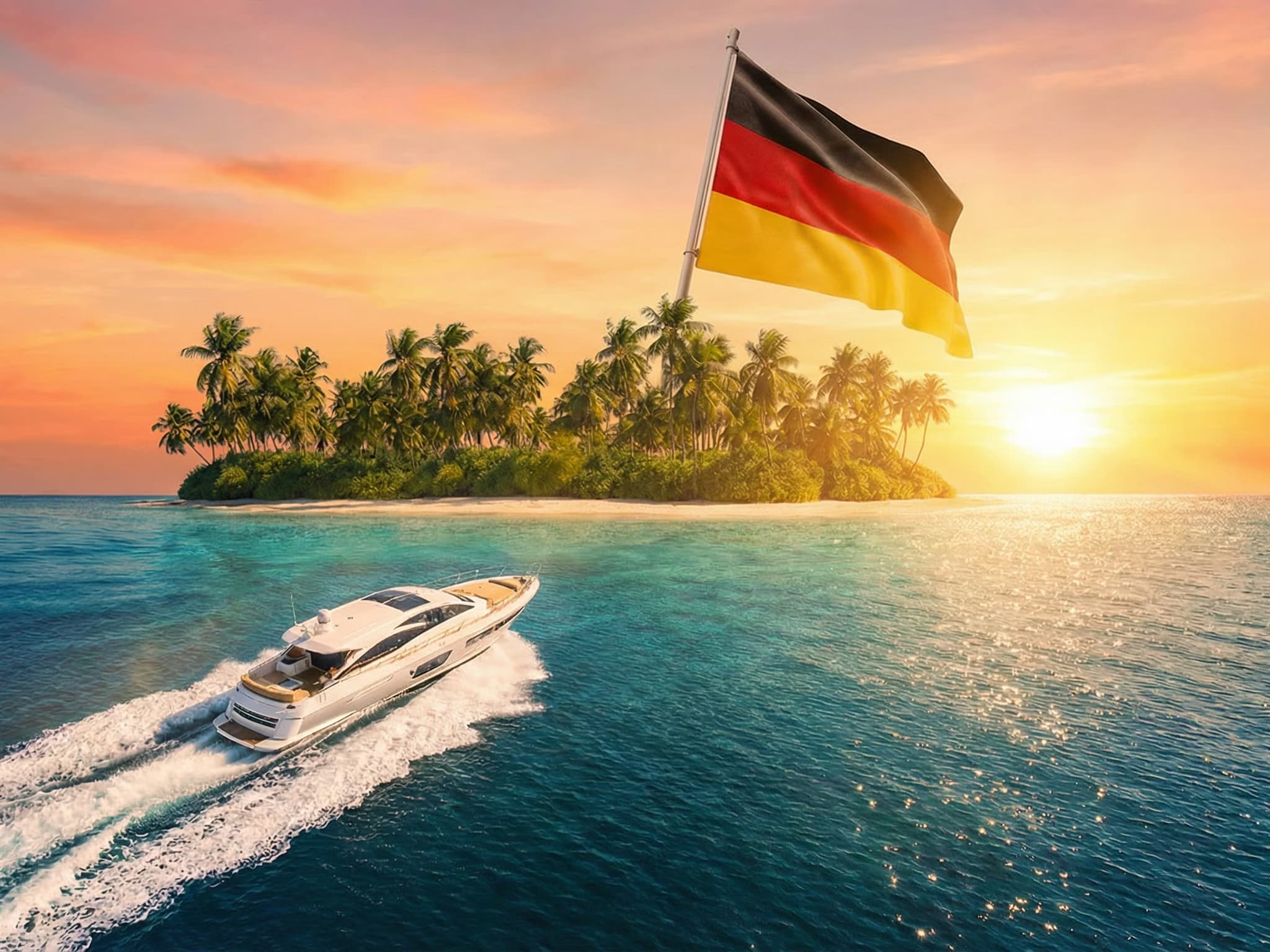 Tropische Insel mit Deutschland-Flagge im Sonnenuntergang